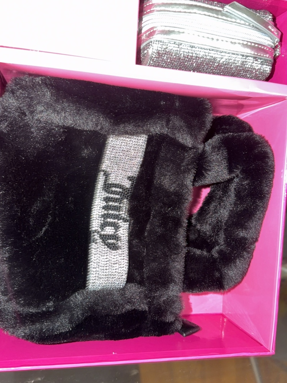 Juicy Couture Black Faux Fur Tote with Rhinestone Logo Strap